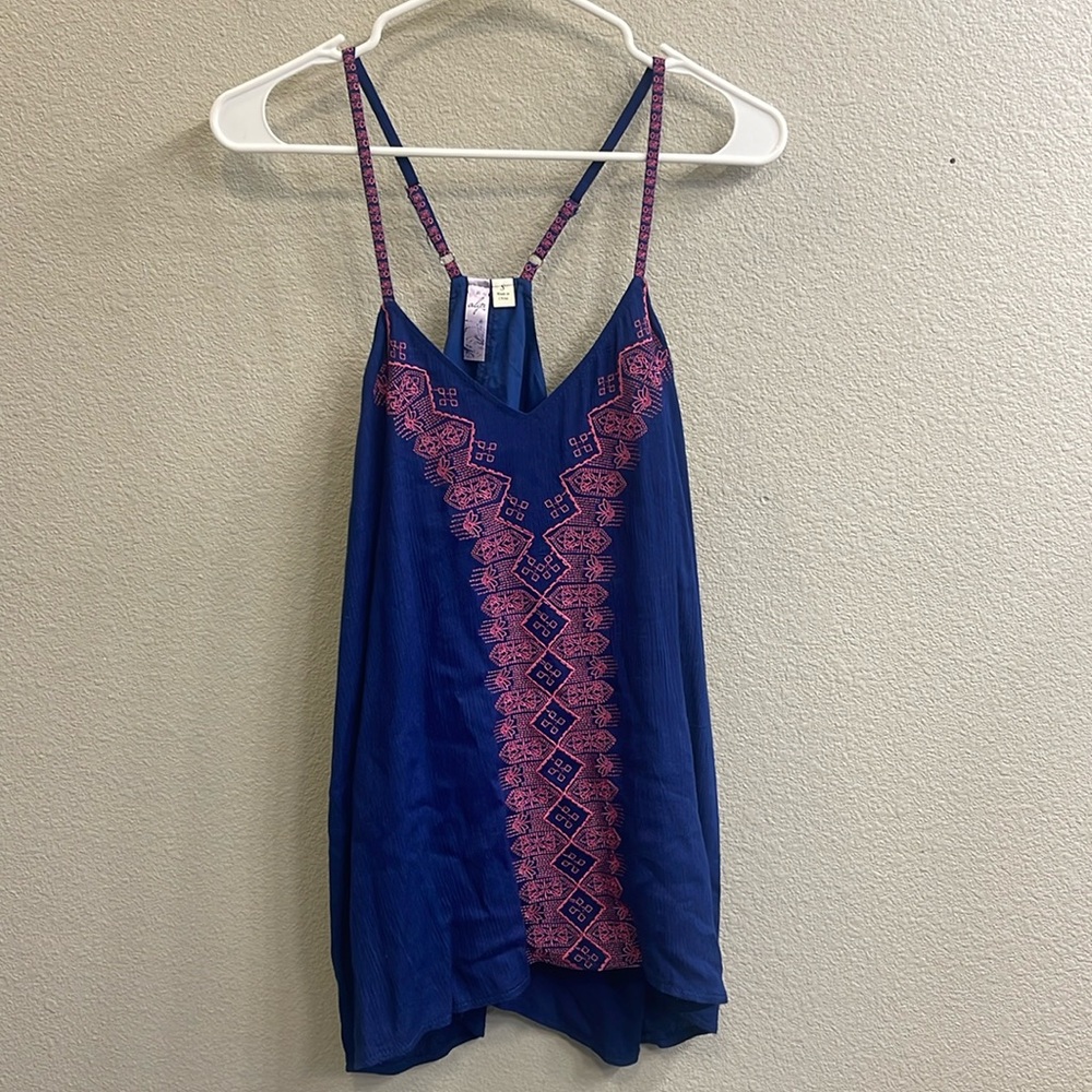 Alya | Blue & Pink Embroidered Racerback Tank Top | Boho | Size Small | NWOT